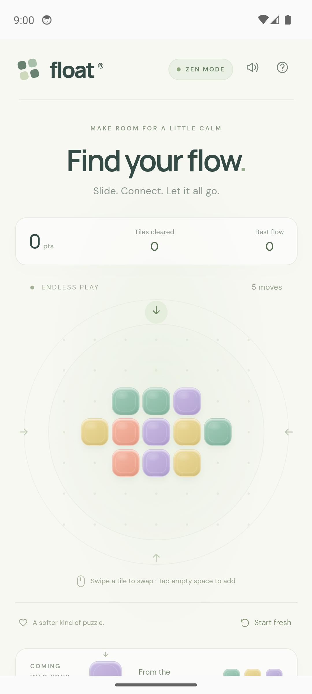 Pastel tiles on the Flash puzzle board, currently branded Float in the prototype