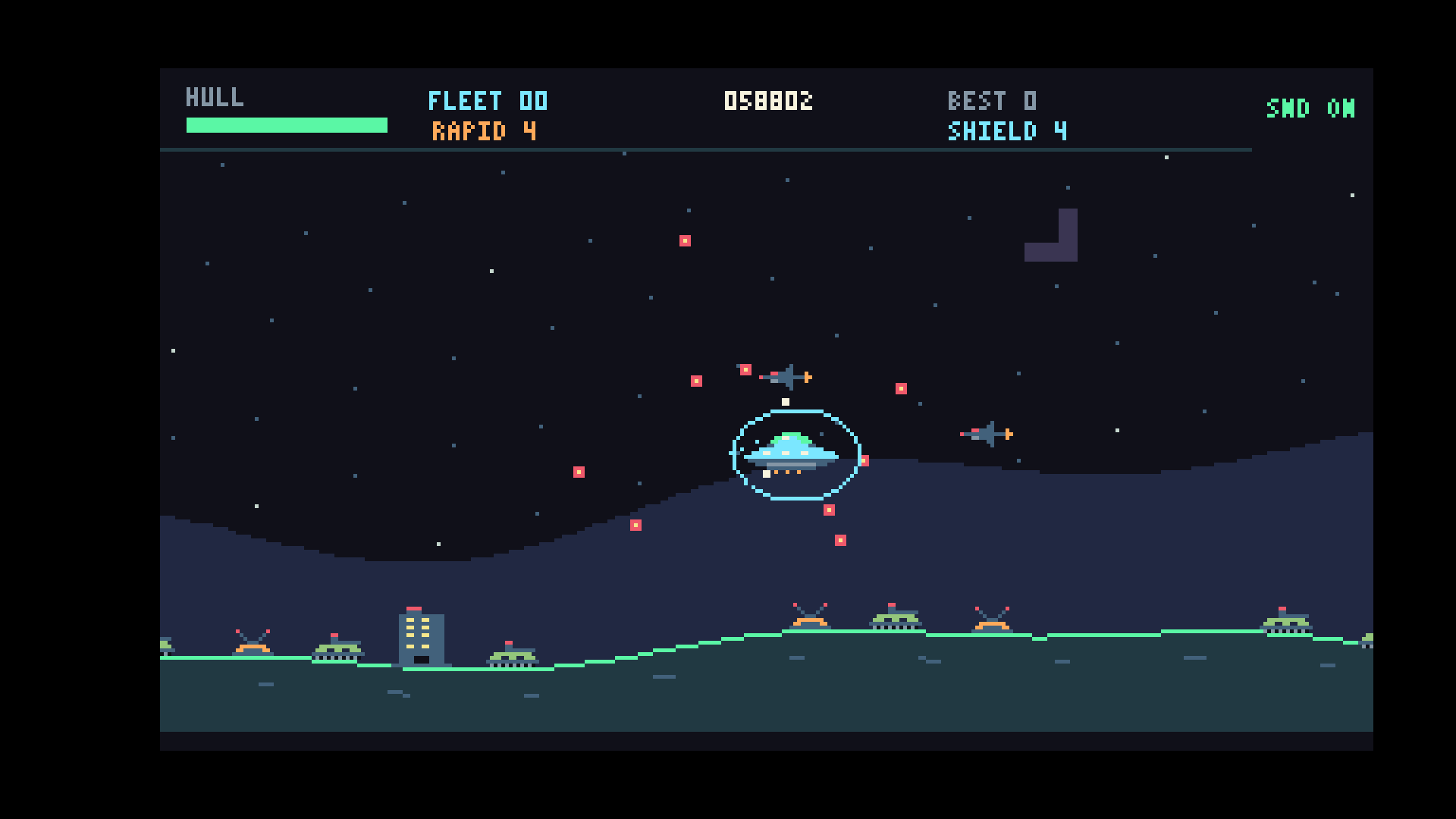 Mothership dodging fire from enemy jets and ground defenses